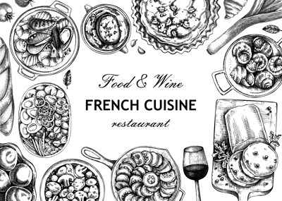 French food frame design. Vintage food and wine sketches. European restaurant menu template. France background. Hand-drawn vector illustration, NOT AI generated